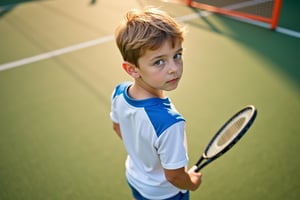 A young boy, aged 8 years old, stands on a tennis court, racket in hand, wearing a white and blue uniform. He looks up towards the camera with a determined expression, his eyes shining bright with focus. The sun shines down upon him, casting a warm glow over the green grass and orange net.