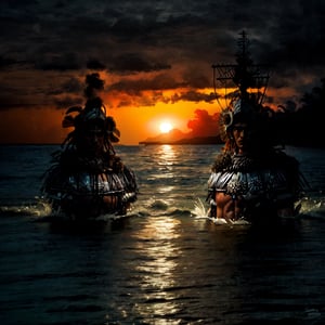 As the sun sets over a tropical beach, the Mactan warriors and Spanish soldiers engage in a fierce confrontation amidst the reefs and shallows. The warriors' traditional attire contrasts with the conquistador armor of the Spanish soldiers. The scene is set in the shallow waters near the coral reefs, where the tranquil waves create a serene backdrop. The underwater world comes to life with a myriad of colorful fish and intricate coral formations. The warriors' expressions reveal their determination and resolve, even in the midst of the underwater battlefield. The atmosphere is one of historical significance and natural beauty, capturing the essence of the clash. This scene is realized through a blend of digital painting and realism, using a warm color palette to evoke the tropical sunset.,perfecteyes