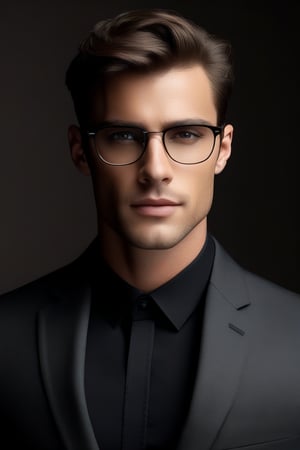 midjourny-v4 style, young man wearing rimmed eyeglasses, gray eyes, smoldering eyes, realistic eyes, dark suit, black open buttoned dress shirt, handsome, brown hair, stubble face with a strong jawline, strong bone struture, physique, muscular, photorealistic, RAW photo, 8k uhd, full body portrait, highly-detailed