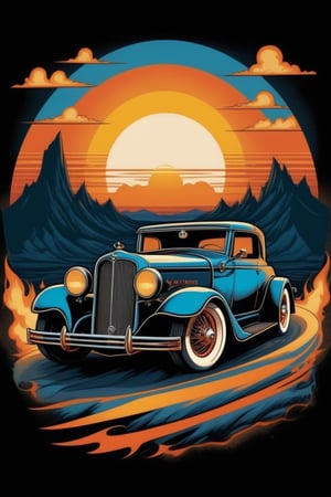 T-Shirt design: a vintage car with a sunset in the background, vector art, inspired by Otto Eckmann, behance contest winner, j. c. leyendecker 8 k, heavy metal tshirt design, 8k highly detailed ❤️‍🔥 🔥 💀 🤖 🚀, hand painted cartoon art style, 3 0 s, retro color scheme, ring of fire