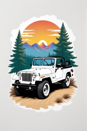 a combination of a vintage and modern design. The image features a white Jeep, which is the main subject, surrounded by a natural setting with trees in the background. The design is visually appealing, with the Jeep being the focal point, and the trees and sunset in the background adding a touch of nature and warmth to the scene, ((6 colors t shirt design)), ((isolated design in solid white background)),Leonardo Style,T shirt design