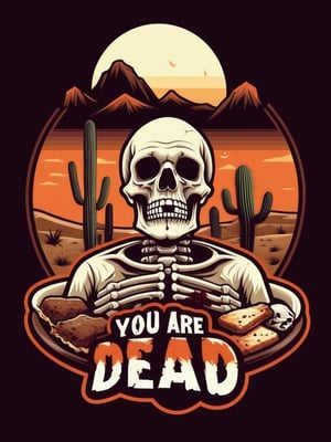 T-Shirt vector design: (("you are dead" text logo)), dead man laying down on a dessert, skull closeup, best quality, cactuses, isolate white plain background