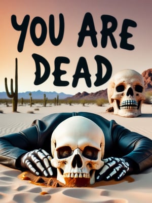 (("you are dead" text logo)), dead man laying down on a dessert, skull closeup, best quality, cactuses