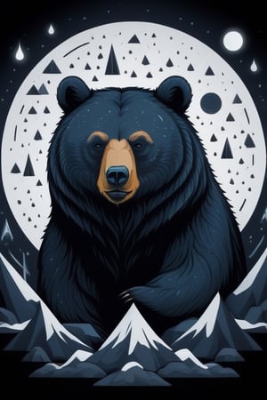 A haunting scene of a bear surrounded by lunar symbols, obscured in darkness, mystical, secrecy, rain of meteors, isolated on white background, monochromatic dark hues, detailed flat 2d illustration, minimalistic lighting, contour, HDR, 8K