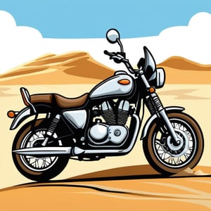 motorbike in front of a desert, cartoon tshirt design graphic, vector, contour, isolated on a white background