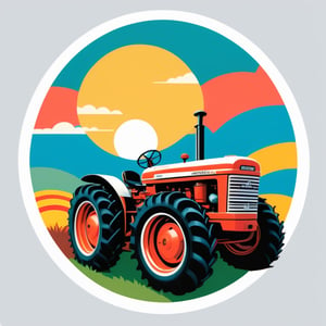 vintage style farm tractor with sunset on white background, in the style of circular shapes, autopunk, striped painting, flickr, retrofuturism, logo, 8k,T shirt design,TshirtDesignAF