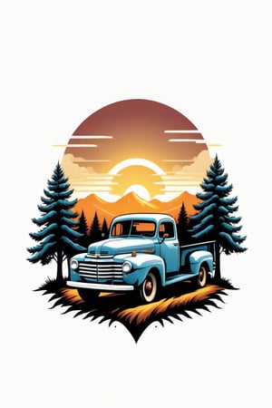 a vintage style, with a focus on the contrast between the white truck and the dark trees. The sunset in the background adds a touch of warmth and tranquility to the scene. The composition of the image, with the truck in the center and the trees on both sides, creates a sense of balance and harmony, ((6 colors t shirt design)), ((isolated design in solid white background)),Leonardo Style,T shirt design,TshirtDesignAF