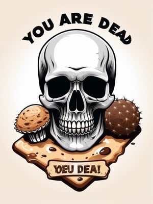 T-Shirt vector design: (("you are dead" text logo)), dead man laying down on a dessert, skull closeup, best quality, cactuses, isolate white plain background