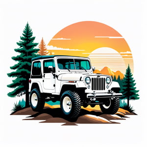 a combination of a vintage and modern design. The image features a white Jeep,  which is the main subject,  surrounded by a natural setting with trees in the background. The design is visually appealing,  with the Jeep being the focal point,  and the trees and sunset in the background adding a touch of nature and warmth to the scene, sunset vintage color palette, ((isolated design in solid white background)),Leonardo Style,T shirt design
