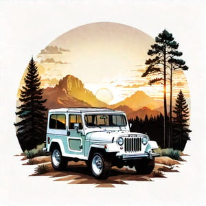 a combination of a vintage and modern design. The image features a white Jeep,  which is the main subject,  surrounded by a natural setting with trees in the background. The design is visually appealing,  with the Jeep being the focal point,  and the trees and sunset in the background adding a touch of nature and warmth to the scene, sunset vintage color palette, ((isolated design in solid white background)),Leonardo Style,T shirt design