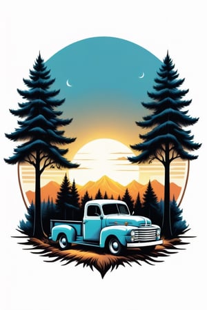 a vintage style, with a focus on the contrast between the white truck and the dark trees. The sunset in the background adds a touch of warmth and tranquility to the scene. The composition of the image, with the truck in the center and the trees on both sides, creates a sense of balance and harmony, ((6 colors t shirt design)), ((isolated design in solid white background)),Leonardo Style,T shirt design,TshirtDesignAF