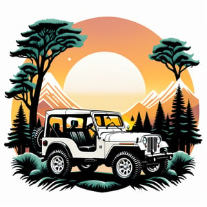 a combination of a vintage and modern design. The image features a white Jeep,  which is the main subject,  surrounded by a natural setting with trees in the background. The design is visually appealing,  with the Jeep being the focal point,  and the trees and sunset in the background adding a touch of nature and warmth to the scene, ((isolated design in solid white background)),Leonardo Style,T shirt design