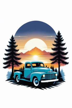 a vintage style, with a focus on the contrast between the white truck and the dark trees. The sunset in the background adds a touch of warmth and tranquility to the scene. The composition of the image, with the truck in the center and the trees on both sides, creates a sense of balance and harmony, ((6 colors t shirt design)), ((isolated design in solid white background)),Leonardo Style,T shirt design,TshirtDesignAF