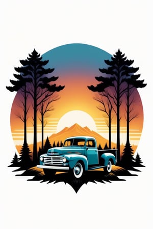 a vintage style, with a focus on the contrast between the white truck and the dark trees. The sunset in the background adds a touch of warmth and tranquility to the scene. The composition of the image, with the truck in the center and the trees on both sides, creates a sense of balance and harmony, ((6 colors t shirt design)), ((isolated design in solid white background)),Leonardo Style,T shirt design,TshirtDesignAF