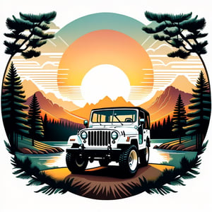 a combination of a vintage and modern design. The image features a white Jeep,  which is the main subject,  surrounded by a natural setting with trees in the background. The design is visually appealing,  with the Jeep being the focal point,  and the trees and sunset in the background adding a touch of nature and warmth to the scene, sunset vintage color palette, ((isolated design in solid white background)),Leonardo Style,T shirt design