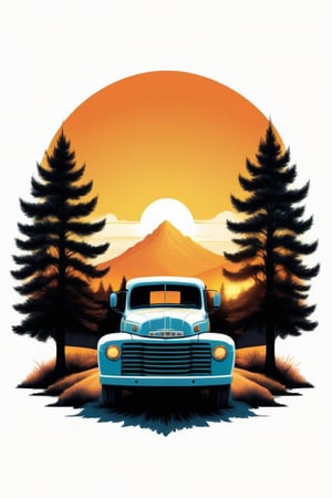 a vintage style, with a focus on the contrast between the white truck and the dark trees. The sunset in the background adds a touch of warmth and tranquility to the scene. The composition of the image, with the truck in the center and the trees on both sides, creates a sense of balance and harmony, ((6 colors t shirt design)), ((isolated design in solid white background)),Leonardo Style,T shirt design,TshirtDesignAF