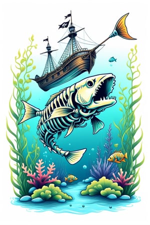 T-Shirt design: A realistic Cartoonish digital art of a (fish skeleton), in the isolate background aquatic plants and pirate Ship, the fish with thick strokes and Vector type design with great shadows that contrast with the pale colors of the scene, ((6 colors t shirt design)), detailed illustration, ((isolate solid white background)),Text,T shirt design