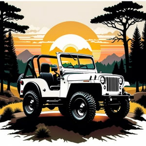 a combination of a vintage and modern design. The image features a white Jeep,  which is the main subject,  surrounded by a natural setting with trees in the background. The design is visually appealing,  with the Jeep being the focal point,  and the trees and sunset in the background adding a touch of nature and warmth to the scene, sunset vintage color palette, ((isolated design in solid white background)),Leonardo Style,T shirt design