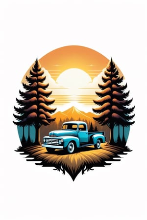 a vintage style, with a focus on the contrast between the white truck and the dark trees. The sunset in the background adds a touch of warmth and tranquility to the scene. The composition of the image, with the truck in the center and the trees on both sides, creates a sense of balance and harmony, ((6 colors t shirt design)), ((isolated design in solid white background)),Leonardo Style,T shirt design,TshirtDesignAF