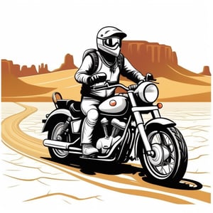 motorbike in front of a desert, cartoon tshirt design graphic, vector, contour, isolated on a white background