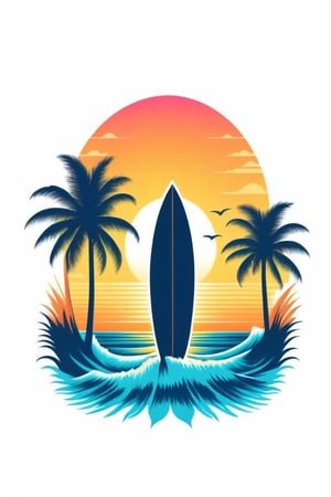 a sunset over the ocean with a surfboard silhouette in the foreground, ((6 colors t shirt design)), ((isolated design in solid white background)),Leonardo Style,T shirt design,TshirtDesignAF