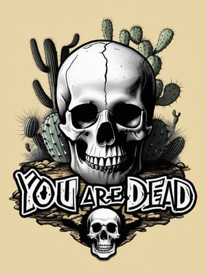 (("you are dead" text logo)), dead man laying down on a dessert, skull closeup, best quality, cactuses