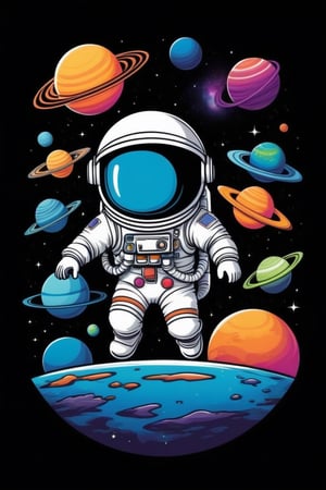 Create a t-shirt design that combines space exploration with a touch of whimsy. Think about astronauts riding on the backs of friendly alien creatures or floating among colorful planets.