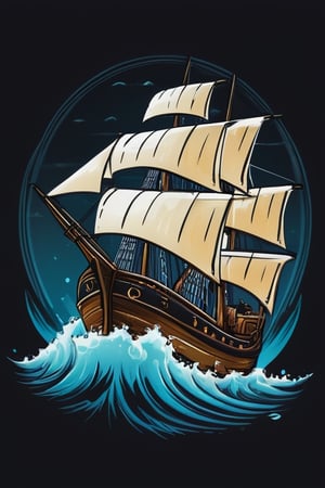 T-Shirt design: a realistic cartoonish digital art of a barco pirata, hielo, tormenta, naufragio, dark color palette, (Petros Afshar style:1.5), (6 flat colors t shirt design), detailed illustration, 2d vector, (isolate plain white background), (Vectorial perfection:1.4), 4K, no t-shirt mockup