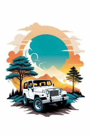 a combination of a vintage and modern design. The image features a white Jeep, which is the main subject, surrounded by a natural setting with trees in the background. The design is visually appealing, with the Jeep being the focal point, and the trees and sunset in the background adding a touch of nature and warmth to the scene, ((6 colors t shirt design)), ((isolated design in solid white background)),Leonardo Style,T shirt design