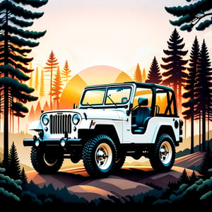 a combination of a vintage and modern design. The image features a white Jeep,  which is the main subject,  surrounded by a natural setting with trees in the background. The design is visually appealing,  with the Jeep being the focal point,  and the trees and sunset in the background adding a touch of nature and warmth to the scene, sunset vintage color palette, ((isolated design in solid white background)),Leonardo Style,T shirt design