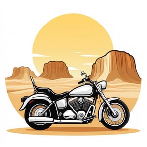 motorbike in front of a desert, cartoon tshirt design graphic, vector, contour, isolated on a white background