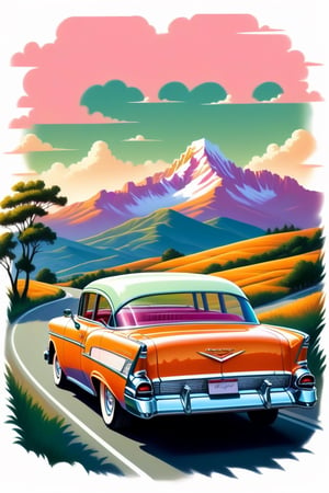 a sunny afternoon,  the sky painted in shades of orange and pink as a classic Chevrolet Bel Air glides down a winding road.  Its green and white body shines in the sunlight,  reflecting the timeless elegance of this iconic automobile.  Through the open window you can hear the soft melody of a 1950s song. On the horizon,  the mountains rise majestically,  creating a stunning backdrop for this vintage scene.  This t-shirt design captures the nostalgia and beauty of a bygone era,  making the wearer feel transported on a journey full of style and adventure, ((6 colors t shirt design)), ((isolated design in solid white background)),Leonardo Style,T shirt design,TshirtDesignAF