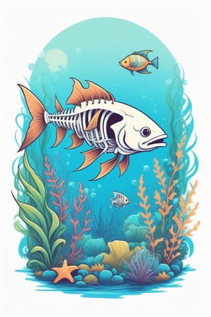 T-Shirt design: A realistic Cartoonish digital art of a (fish skeleton), in the isolate background aquatic plants and pirate Ship, the fish with thick strokes and Vector type design with great shadows that contrast with the pale colors of the scene, ((6 colors t shirt design)), detailed illustration, ((isolate solid white background))