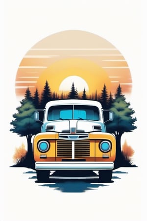 a vintage style, with a focus on the contrast between the white truck and the dark trees. The sunset in the background adds a touch of warmth and tranquility to the scene. The composition of the image, with the truck in the center and the trees on both sides, creates a sense of balance and harmony, ((6 colors t shirt design)), ((isolated design in solid white background)),Leonardo Style,T shirt design,TshirtDesignAF