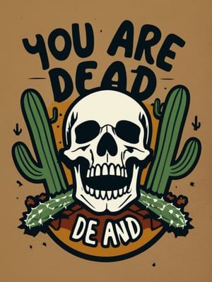 (("you are dead" text logo)), dead man laying down on a dessert, skull closeup, best quality, cactuses