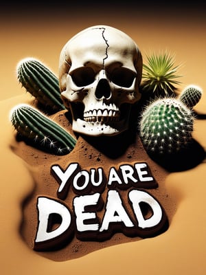 (("you are dead" text logo)), dead man laying down on a dessert, skull closeup, best quality, cactuses