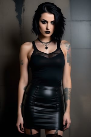 A moody studio setting bathes in warm lighting with subtle grain and texture, highlighting the goth woman's porcelain skin and raven hair against a distressed concrete wall. Her piercing eyes lock onto the camera, expression enigmatic, as she confidently stands before the dark backdrop. The tight tank top showcases her physique, emphasizing her navel piercing. A diagonal line formed by her body guides the viewer's gaze to her captivating expression, while the short pencil skirt and black stockings add a touch of sophistication.