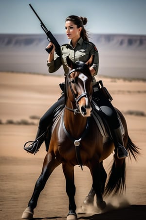 A woman astride a majestic horse, standing outdoors on a vast dirt range, practices shooting while facing away from the camera. Her long brown hair tied back in a ponytail and khaki army attire with black text on the back of her shirt and gray tactical pants with a black belt featuring a carabiner, exude a sense of military discipline. The focus is sharply trained on her posterior as she holds the pistol, aiming at a target in the distance. Her hands are perfectly positioned, steady and firm, as if she's been doing this for years. The photorealistic detail captures every texture, from the horse's coat to the officer's tactical gear.  (((photorealism:1.4))), Nikon D5, 85mm, Insanely detailed and intricate
Super detailed
Hyperrealistic
National Geographic