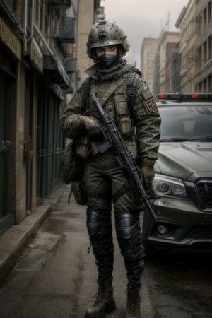 1girl, solo, looking at viewer, short hair, brown hair, gloves, holding, brown eyes, jacket, full body, weapon, boots, outdoors, pants, bag, holding weapon, uniform, gun, military, military uniform, mask, helmet, holding gun, rifle, assault rifle, knee pads, camouflage