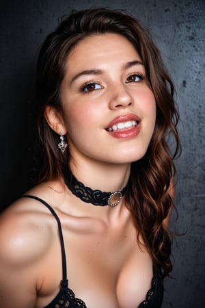 A sultry, full-body snapshot of a 21-year-old beauty. She stands in a dark basement, her body showcased as she strikes a provocative pose, hands tied to the wall behind her. Her photorealistic skin glows under soft lighting, accentuating every detail from realistic teeth (0.4) to luscious locks and perfect eyes. A black choker adorns her neck, adding to her sensual allure. Framed against a dark backdrop, she exudes elegance and sophistication, captured in stunning 8K UHD with film grain quality using a Fujifilm XT3 or Nikon D5 lens (50mm).