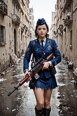 1girl, solo, black hair, wearing a torn military uniform and garrison cap, holding (((an authentic bolt action sniper rifle))), with a star symbol and hammer and sickle, Soviet soldier, World War II, grinning, lifelike expression, ultra-realistic, 8k resolution, highly detailed, sharp features, clear skin texture, detailed eyes, natural lighting, perfect symmetry, running through a destroyed city, carrying her weapon, her skirt almost ripped apart, (((photorealism:1.4))), (((ultra-realistic:1.4)))
