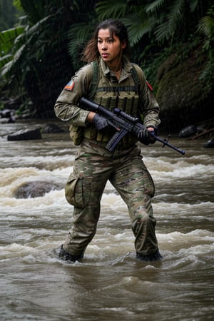In the midst of a torrential downpour, three female soldiers, clad in camouflage jackets and army pants, wade through a raging river in the heart of the rainforest. The water level is knee-high, and the current is strong, but they move with precision, their wet shirts clinging to their bodies. One soldier's white undershirt peeks out from beneath her jacket, while another's beauty shines despite the grueling conditions. As the camera zooms in for a close-up, the sniper's perfect brown eyes sparkle like emeralds amidst the chaos, reflecting a quiet confidence and unyielding determination.