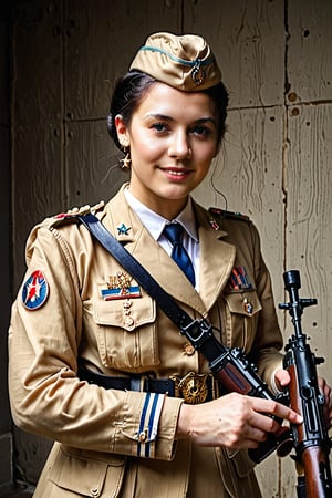 1girl, solo,  black hair, hat, holding, (((sniper rifle))), belt, star \(symbol\), holding weapon, grin, uniform, gun, military, military uniform, rifle, military hat, realistic, garrison cap, world war ii, soldier, bolt action, hammer and sickle, soviet, perfect face, ultra-realistic, 8k resolution, highly detailed, sharp features, clear skin texture, lifelike expression, detailed eyes, natural lighting, perfect symmetry, (((utra realistic:1.4))), (((photorealism:1.4))), 
