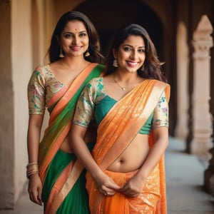 full body photo of 2 Indian women, princesses, 28 years old, dressed in sexy sarees, sexy and naughty smile, flirting at the camera. flat matte background, RAW photo, 8k uhd, dslr, soft lighting, high quality, film grain, Fujifilm XT3,Sexy Saree