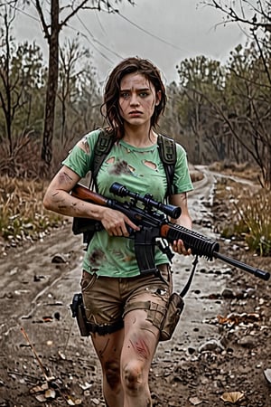  beautiful woman, feminine, weary, carrying sniper rifle, wearing torn green tshirt, wearing badly torn cargo shorts, (((photorealism:1.4))), (((perfect eyes:1.4))), (((accurate sniper rifle M24:1.4))),  dirty, bruised, walking, (mercenary:1.1), post apocalyptic, smog, film grain   