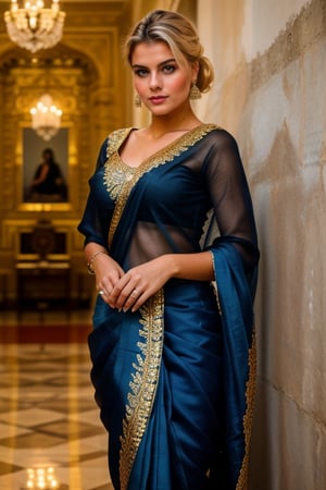 A photorealistic closeup of a dark blue eyed European woman, 20 years young, confidently struts within an Indian palace's ornate halls, her dark saree a striking contrast to her pale skin. Framed from the front, her robust physique is set against intricately decorated walls, warm lighting accentuating every curve on her radiant skin. A hint of film grain adds vintage charm to this 8K UHD image shot on a Fujifilm XT3 in RAW format, boasting unparalleled clarity and texture. jewelry adorns her elegant physique, harmonizing with the palace's opulence. Her platinum-blonde hair is in a neat bun,Saree ,Dutch  (((photorealism:1.4))), ,perfecteyes eyes