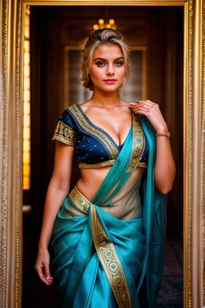 A photorealistic closeup of a dark blue eyed European woman, 20 years young, confidently struts within an Indian palace's ornate halls, her dark saree a striking contrast to her pale skin. Framed from the front, her robust physique is set against intricately decorated walls, warm lighting accentuating every curve on her radiant skin. A hint of film grain adds vintage charm to this 8K UHD image shot on a Fujifilm XT3 in RAW format, boasting unparalleled clarity and texture. jewelry adorns her elegant physique, harmonizing with the palace's opulence. Her platinum-blonde hair is in a neat bun,Saree ,Dutch  (((photorealism:1.4))), ,perfecteyes eyes