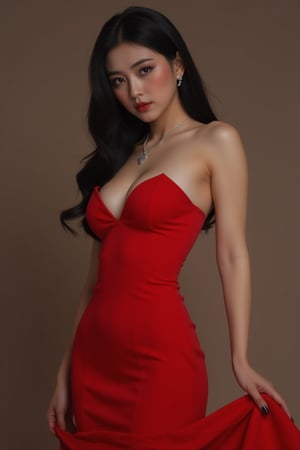 (((Photorealism:1.4))),black haired beauty, sexy red dress,  wonder beauty