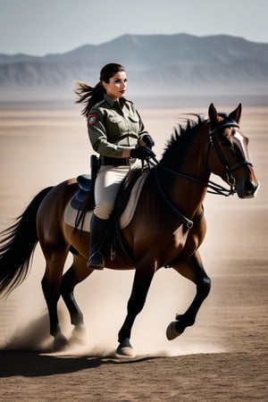 A woman astride a majestic horse, standing outdoors on a vast dirt range, practices shooting while facing away from the camera. Her long brown hair tied back in a ponytail and khaki army attire with black text on the back of her shirt and gray tactical pants with a black belt featuring a carabiner, exude a sense of military discipline. The focus is sharply trained on her posterior as she holds the pistol, aiming at a target in the distance. Her hands are perfectly positioned, steady and firm, as if she's been doing this for years. The photorealistic detail captures every texture, from the horse's coat to the officer's tactical gear.  (((photorealism:1.4))), Nikon D5, 85mm, Insanely detailed and intricate
Super detailed
Hyperrealistic
National Geographic