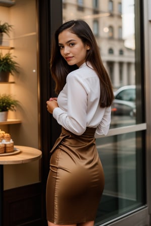 Medium shot of a stunning 23-year-old Indonesian businesswoman, standing in front of an Italian coffee shop's morning-lit window. She wears a sleek green pencil skirt and shirt combo, accentuating her slim figure and long brown hair that cascades down her back like a waterfall. Her brown eyes sparkle with confidence as she speaks in the formal setting. The camera captures her waist and torso, highlighting the delicate skin texture and pores on her cheeks. A luxury wallet hangs elegantly from her hand, as golden pin lights illuminate her face, and warm point lighting adds depth to her features. The overall aesthetic is a vibrant, feminine vintage vibe with more saturation, reminiscent of a cinematic LUT.